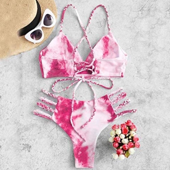 New Pink Tie Dyed Lace Up Bikini Sz: Medium - Picture 2 of 7